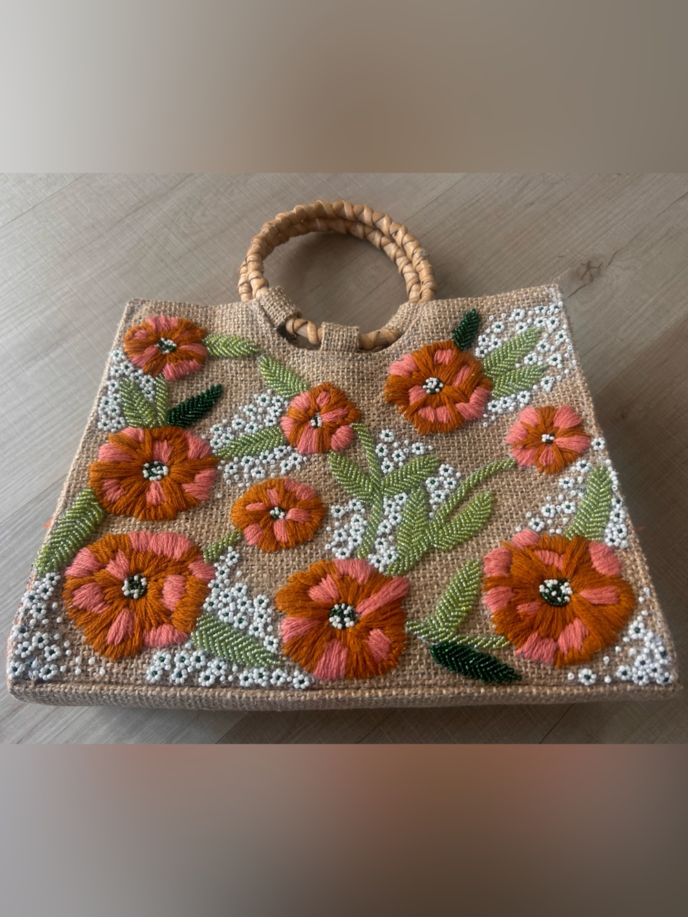 America and Beyond Embroidered Floral Straw Tote Bag